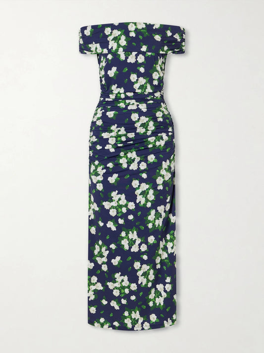 Image of Dresses. Product name - Floral-print Gathered Satin Midi Dress in Navy colour by brand - Carolina Herrera