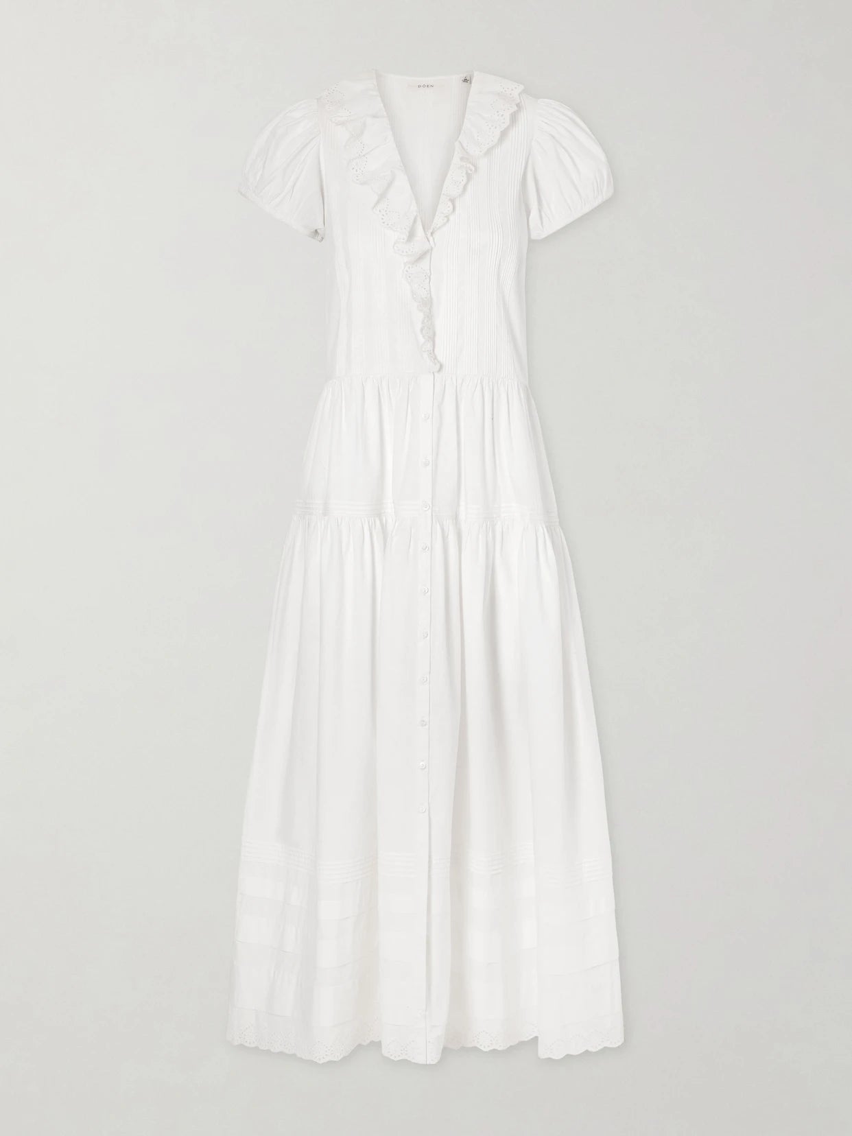 Image of Dresses. Product name - Eliette Ruffled Brodeire Anglaise-trimmed Organic Cotton Midi Dress in White colour by brand - DÔEN