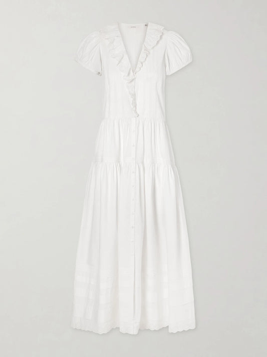 Image of Dresses. Product name - Eliette Ruffled Brodeire Anglaise-trimmed Organic Cotton Midi Dress in White colour by brand - DÔEN