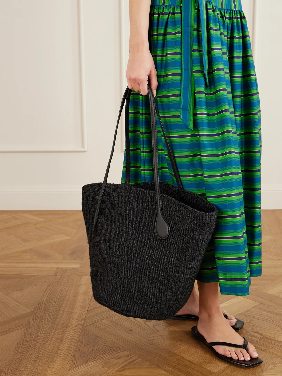 Image of Bags. Product name - Sprout Leather-trimmed Sisal Tote Bag in Black colour by brand - Liffner