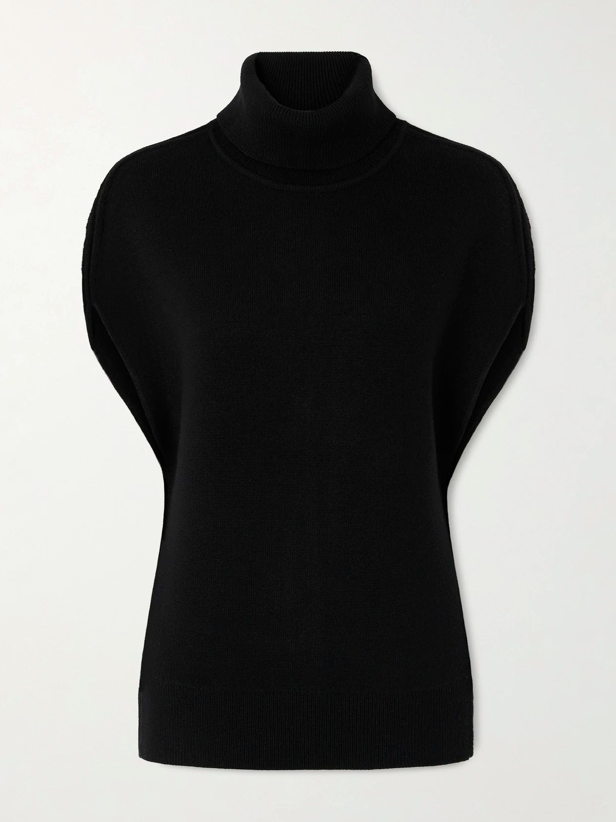 Image of a model wearing Outerwear. Product name - Wool-blend Turtleneck Sweater in Black colour by brand - TOTEME