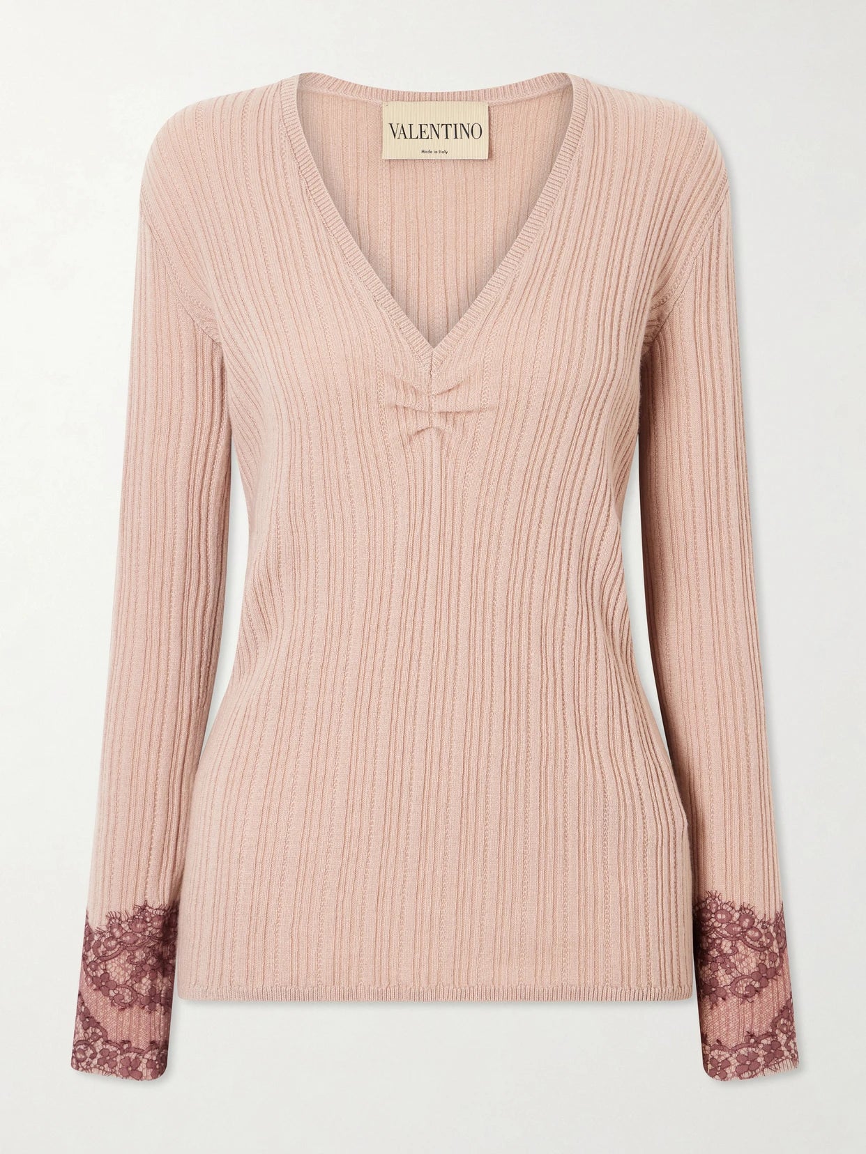 Image of a model wearing Outerwear. Product name - Lace-trimmed Ribbed Cashmere Sweater in Neutral colour by brand - Valentino Garavani