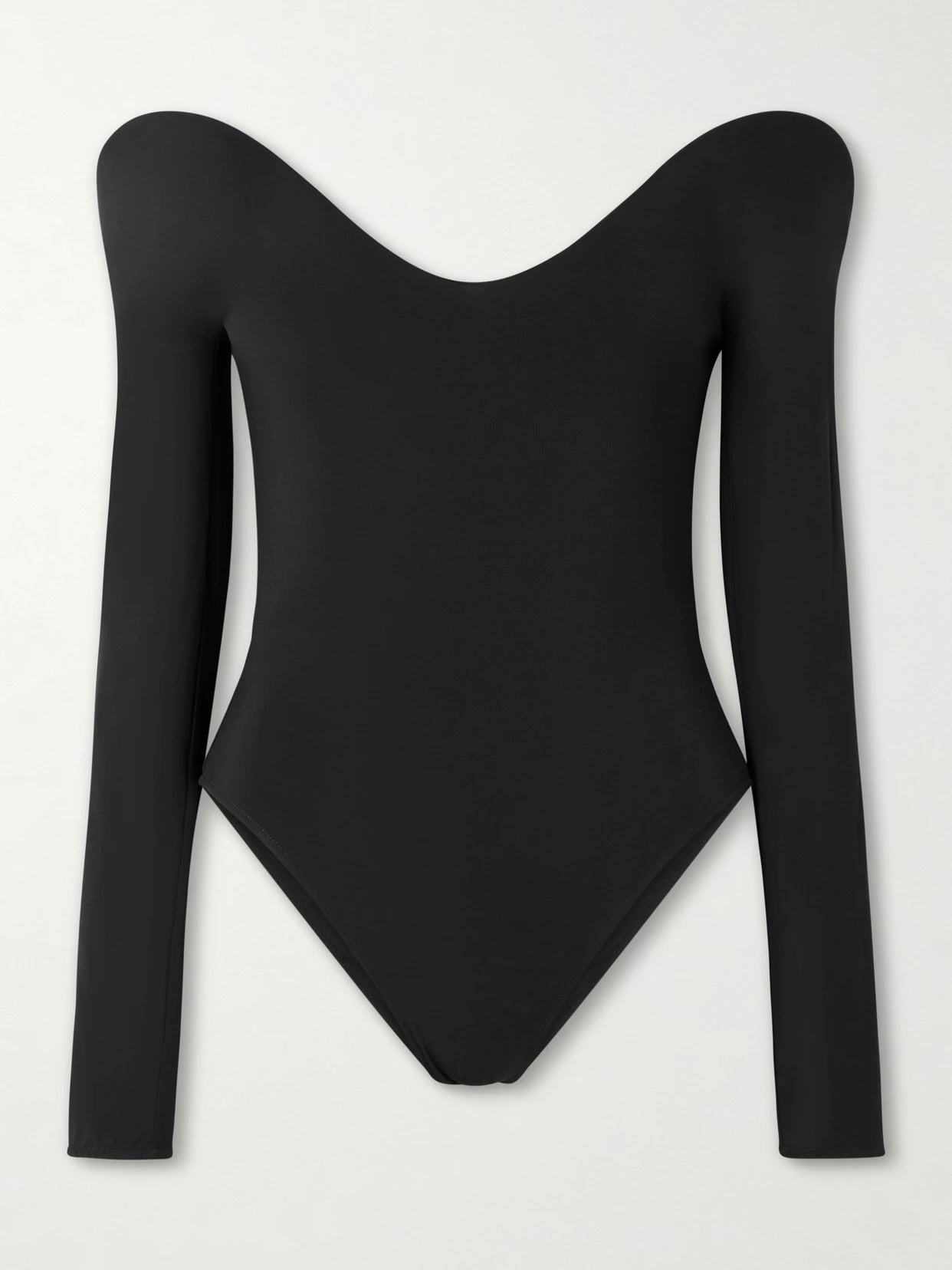 Image of a model wearing Tops. Product name - Open-back Padded Jersey Bodysuit in Black colour by brand - Alaïa