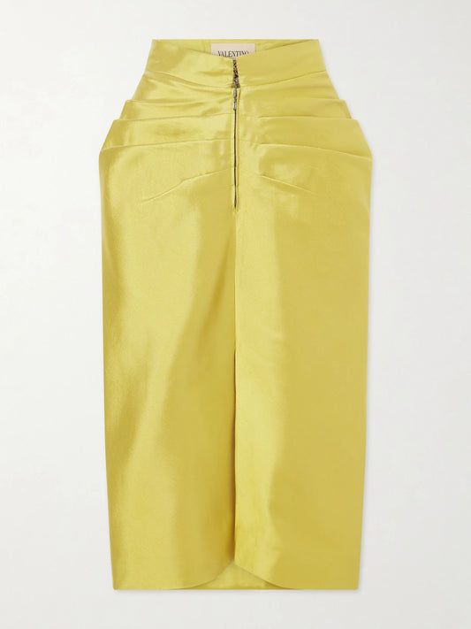 Image of a model wearing Skirts. Product name - Ruched Silk-shantung Midi Skirt in Yellow colour by brand - Valentino Garavani