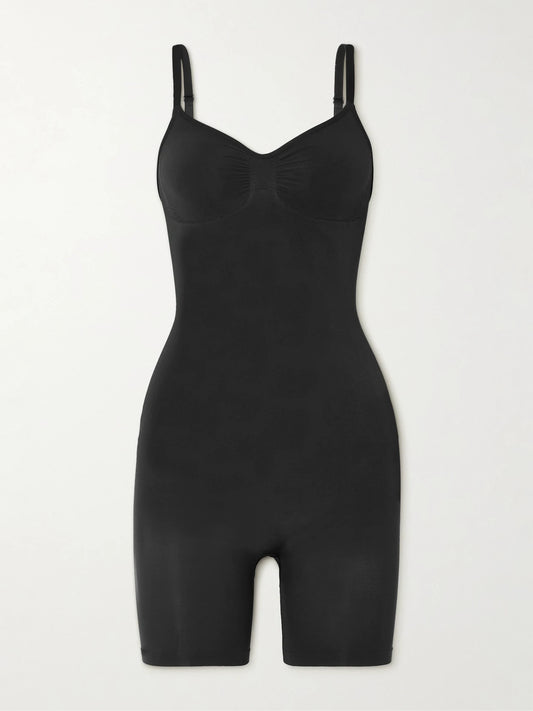 Image of Lingerie. Product name - Seamless Sculpt Mid Thigh Bodysuit - Onyx in Black colour by brand - SKIMS