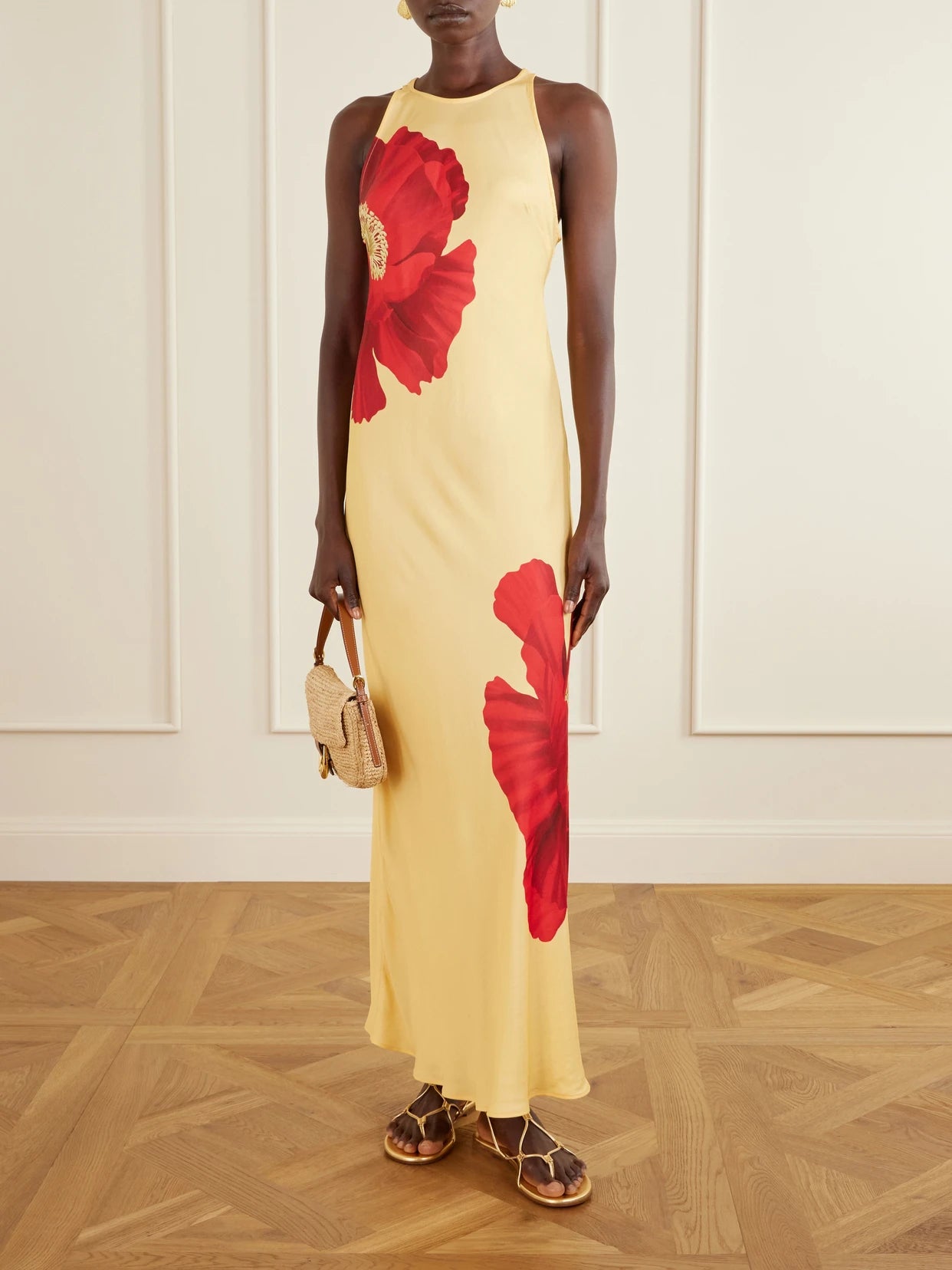 Image of Dresses. Product name - Floral-print Satin Maxi Dress in Yellow colour by brand - Farm Rio