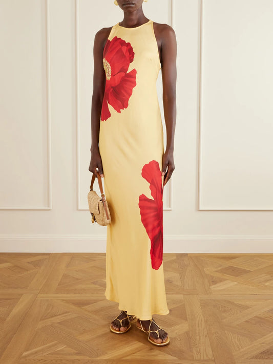 Image of Dresses. Product name - Floral-print Satin Maxi Dress in Yellow colour by brand - Farm Rio