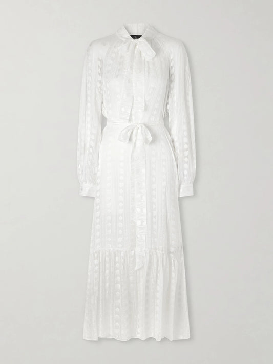 Image of Dresses. Product name - Pussy-bow Belted Tiered Jacquard Silk-chiffon Midi Dress in White colour by brand - Etro