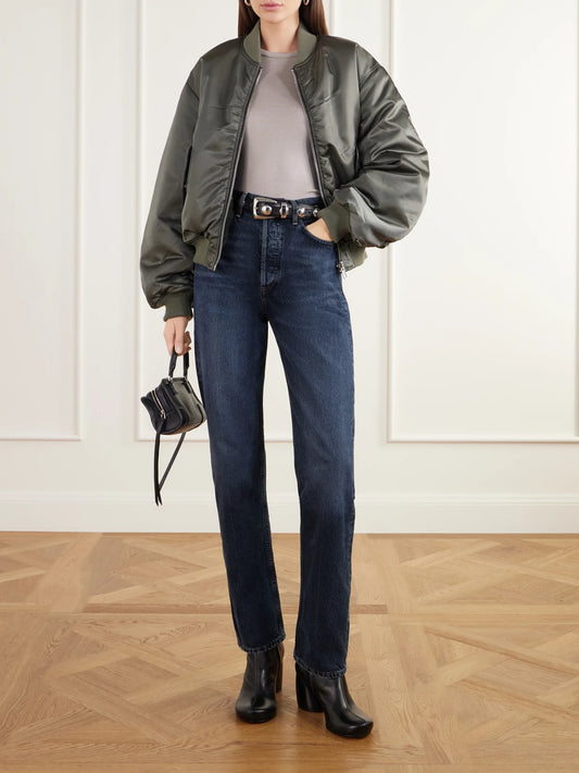 Image of Jeans. Product name - 90's Pinch Waist Long High-rise Straight-leg Jeans in Dark denim colour by brand - AGOLDE