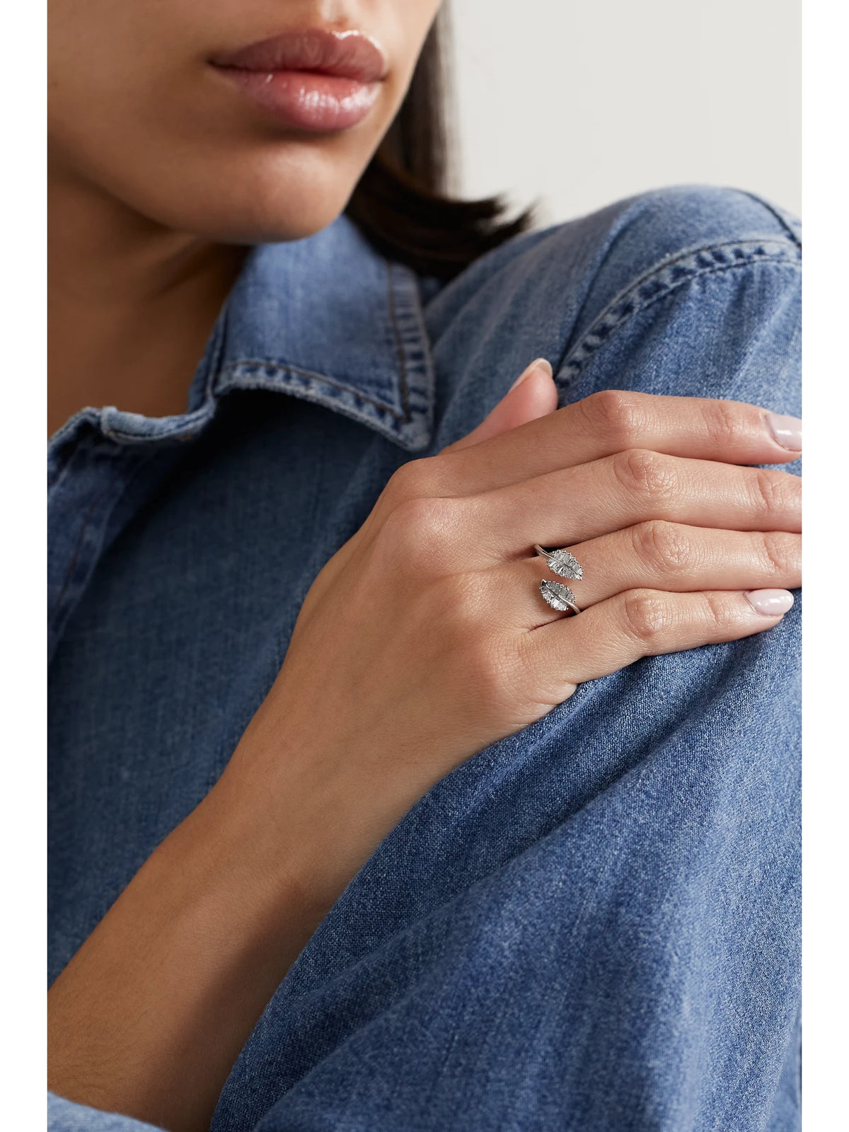Image of Rings. Product name - Small Palm Leaf 18-karat White Gold Diamond Ring in Silver colour by brand - Anita Ko
