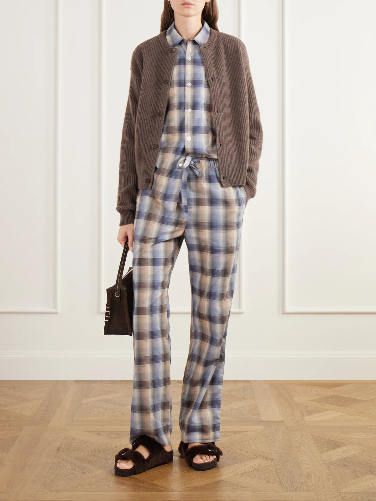 Image of a model wearing Outerwear. Product name - + Tekla Ribbed Wool And Cashmere-blend Cardigan in Brown, Green colour by brand - Auralee