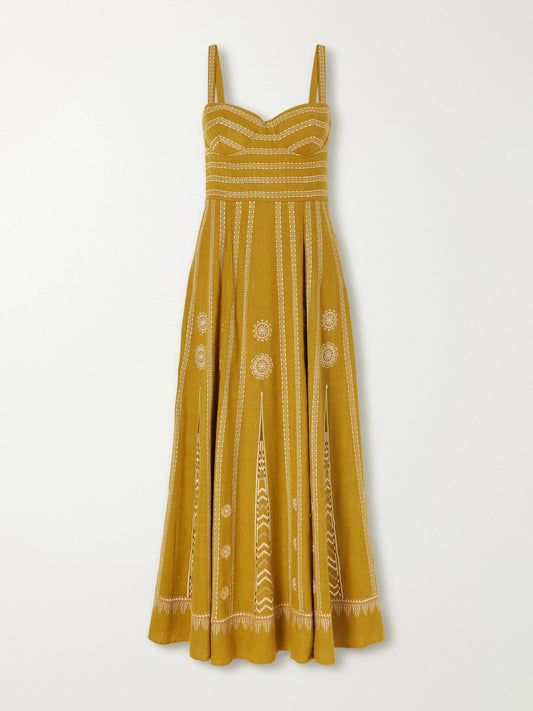 Emporio Sirenuse Elida Pleated Embroidered Silk Maxi Dress