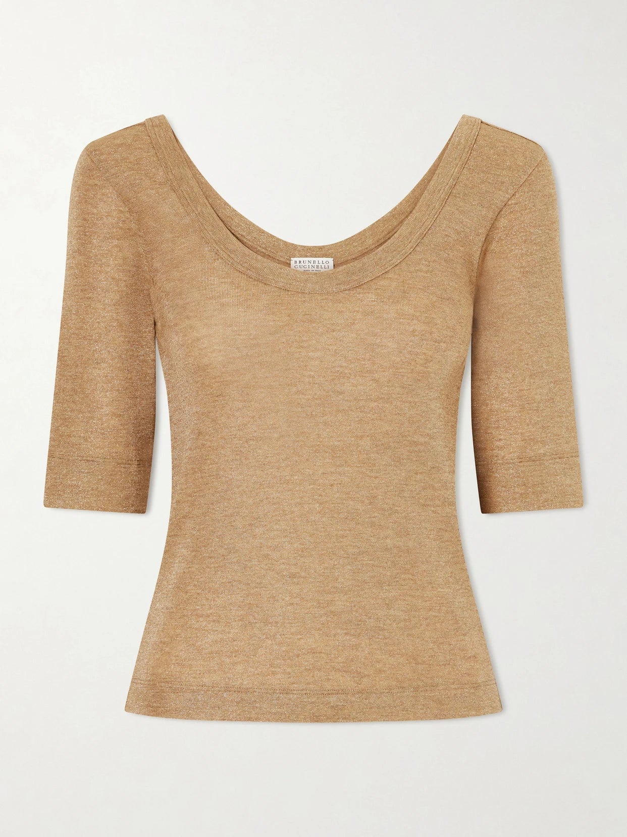 Image of a model wearing Outerwear. Product name - Metallic Wool-blend Knitted T-shirt in Camel colour by brand - Brunello Cucinelli