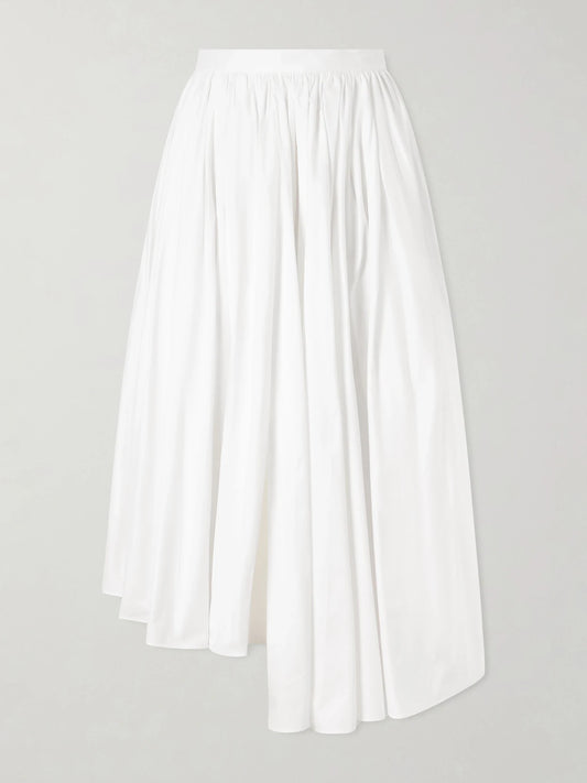 Image of a model wearing Skirts. Product name - Asymmetric Gathered Cotton-poplin Midi Skirt in White colour by brand - Self-Portrait