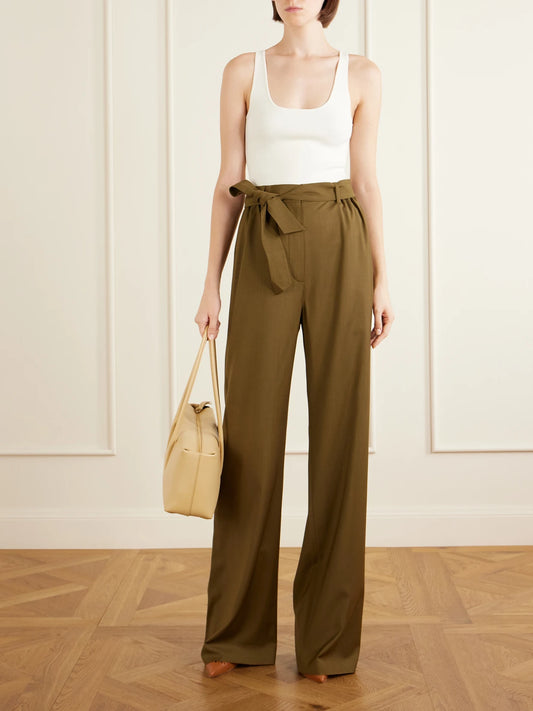 Image of a model wearing Pants. Product name - Editto Belted Wool Grain De Poudre Wide-leg Pants in Army green colour by brand - Max Mara