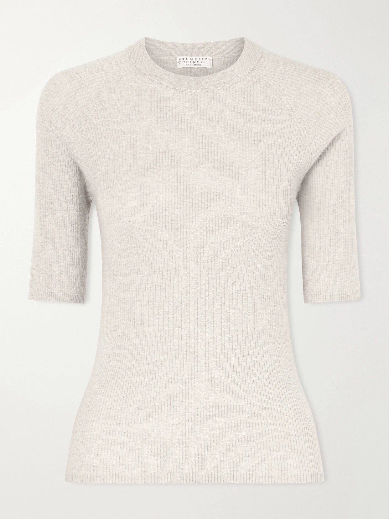 Image of a model wearing Outerwear. Product name - Ribbed-knit T-shirt in Beige colour by brand - Brunello Cucinelli