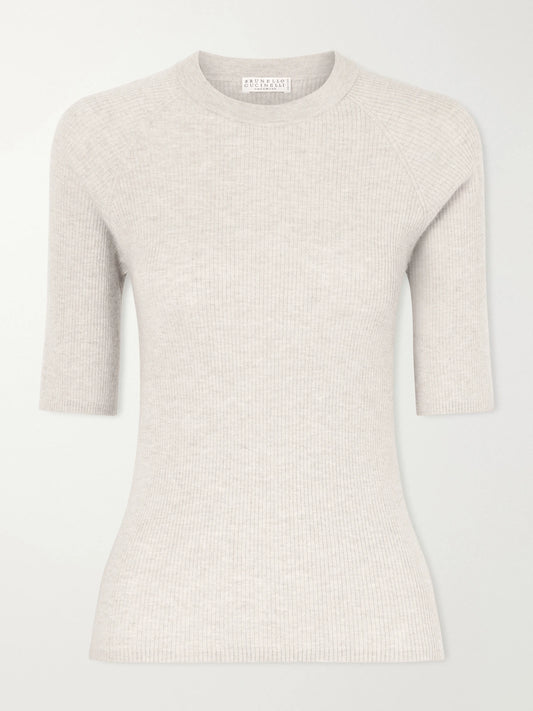 Image of a model wearing Outerwear. Product name - Ribbed-knit T-shirt in Beige colour by brand - Brunello Cucinelli