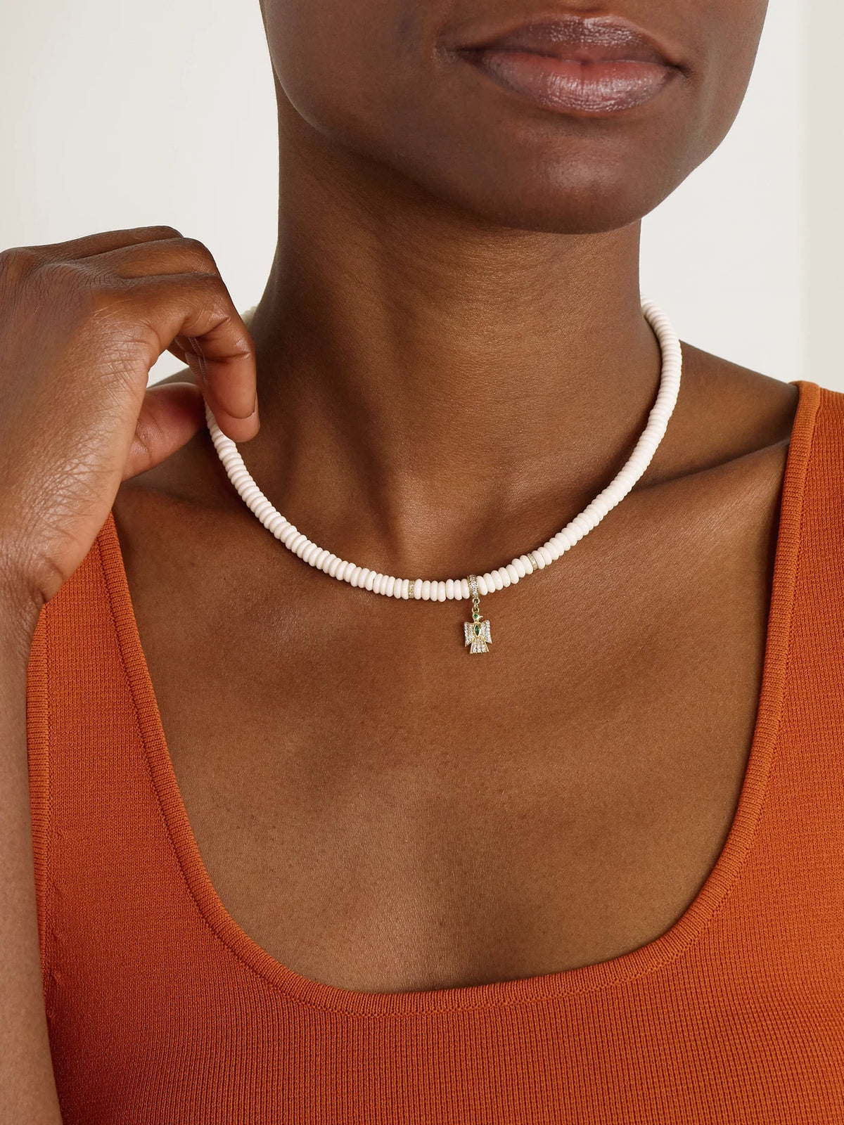 Image of Necklaces. Product name - Thunderbird 14-karat Gold, Bone, Diamond And Emerald Necklace in White colour by brand - Jacquie Aiche