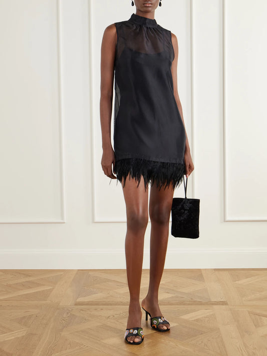 Image of Dresses. Product name - Albee Feather-trimmed Silk Mini Dress in Black colour by brand - STAUD