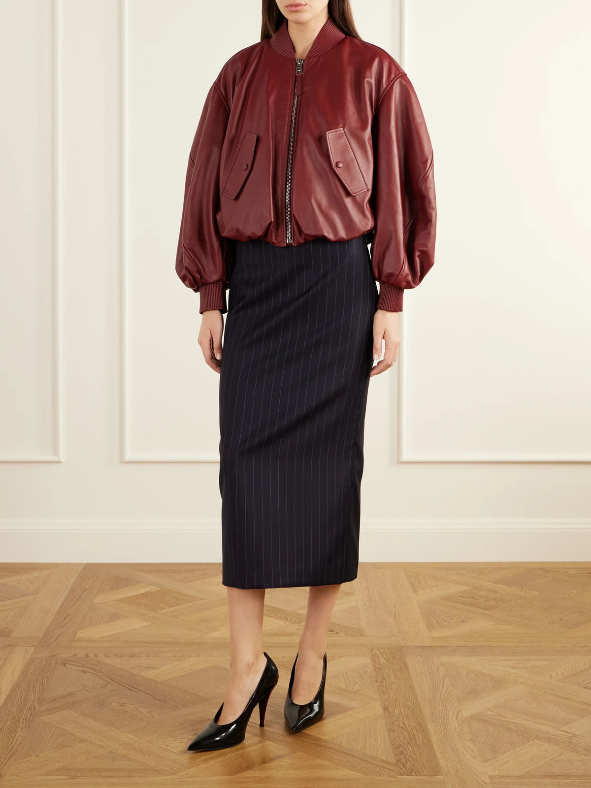 Image of Coats & Jackets. Product name - Cropped Gathered Leather Bomber Jacket in Multi colour by brand - Givenchy