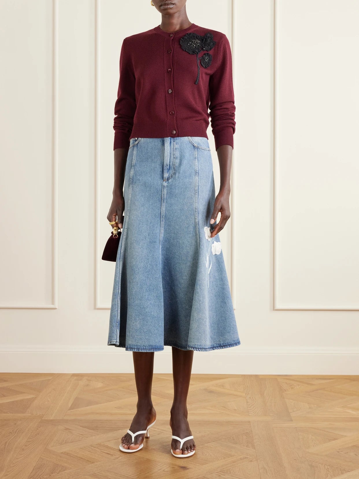 Image of Jeans. Product name - Embroidered Paneled Denim Midi Skirt in Light denim colour by brand - Erdem