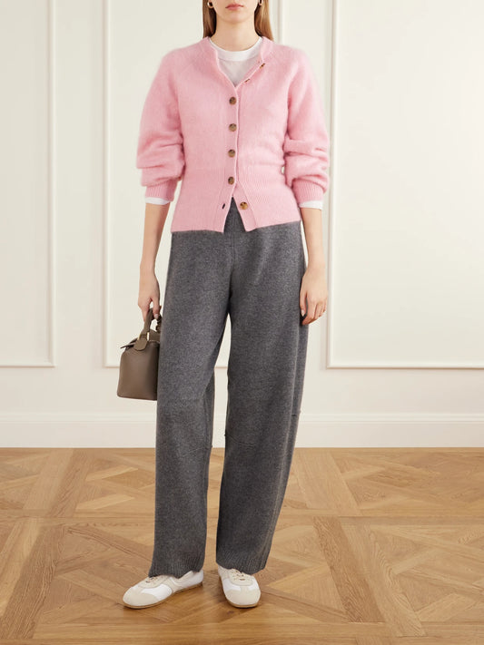 Image of a model wearing Pants. Product name - Brushed Wool And Cashmere-blend Barrel-leg Pants in Charcoal colour by brand - Guest In Residence