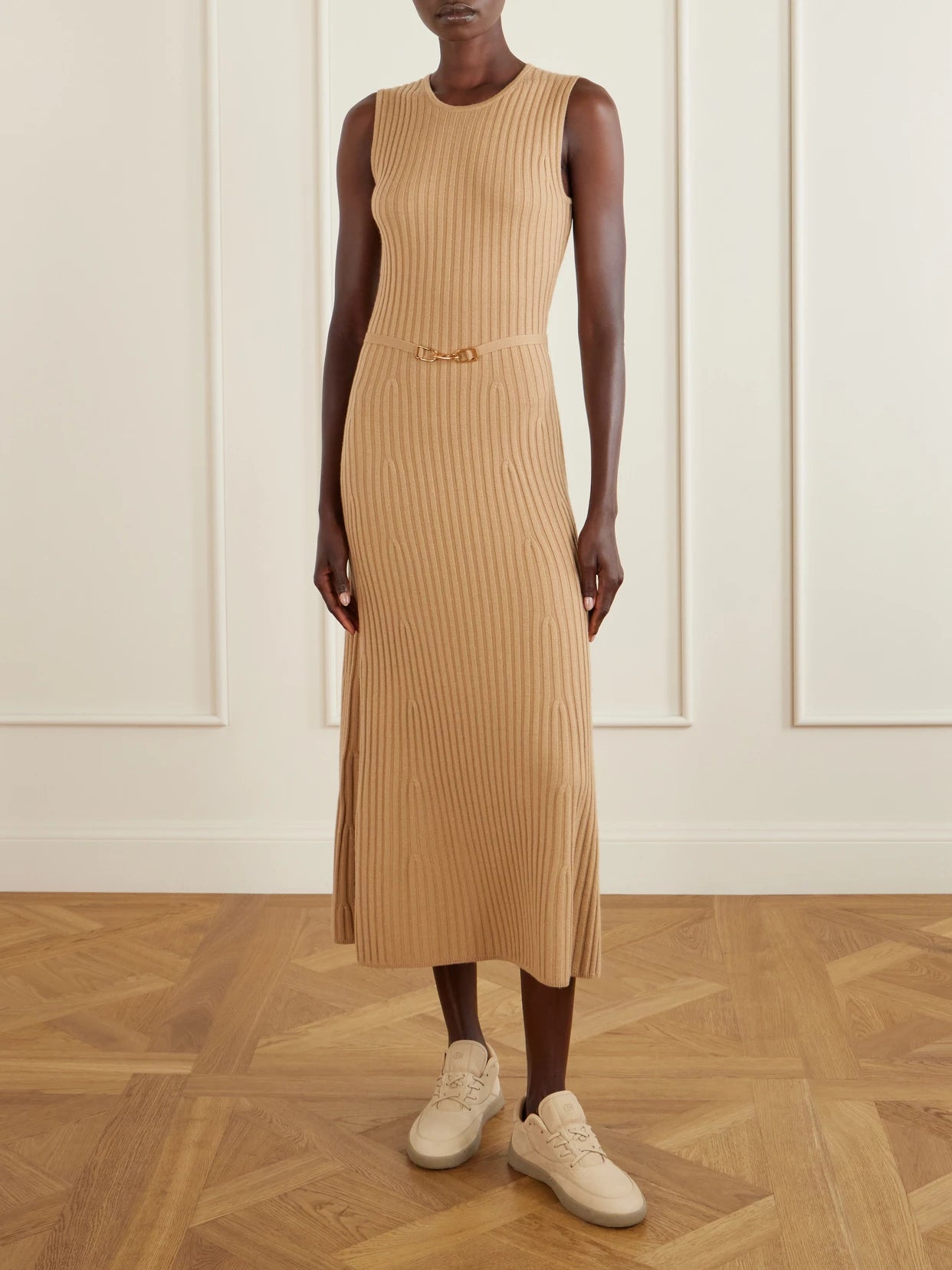 Image of Dresses. Product name - Meier Belted Ribbed Wool And Cashmere Midi Dress in Camel colour by brand - Gabriela Hearst