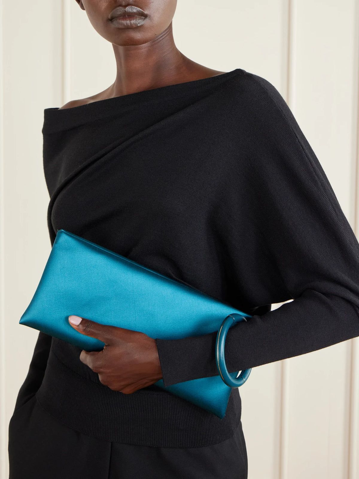 Image of Bags. Product name - Aura Leather-trimmed Satin Clutch in Turquoise colour by brand - TOM FORD
