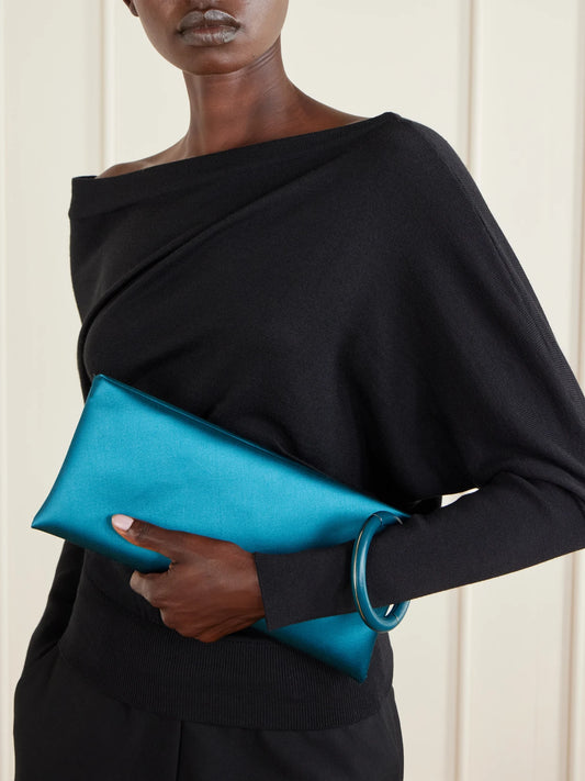 Image of Bags. Product name - Aura Leather-trimmed Satin Clutch in Turquoise colour by brand - TOM FORD