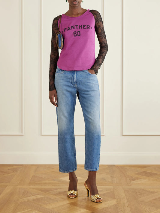 Image of a model wearing Tops. Product name - Printed Lace-trimmed Cotton T-shirt in Pink colour by brand - Valentino Garavani