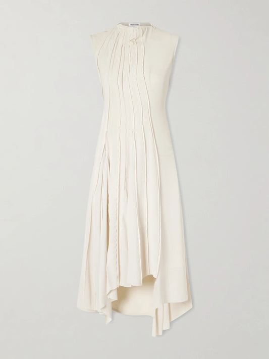 Image of Dresses. Product name - Pleated Cady Midi Dress in Cream colour by brand - Victoria Beckham