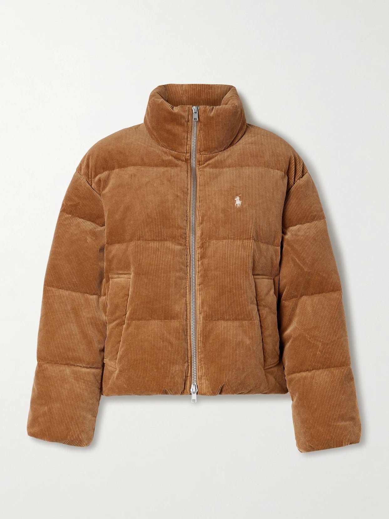 Image of Coats & Jackets. Product name - Embroidered Quilted Cotton-blend Corduroy Down Jacket in Tan colour by brand - Polo Ralph Lauren