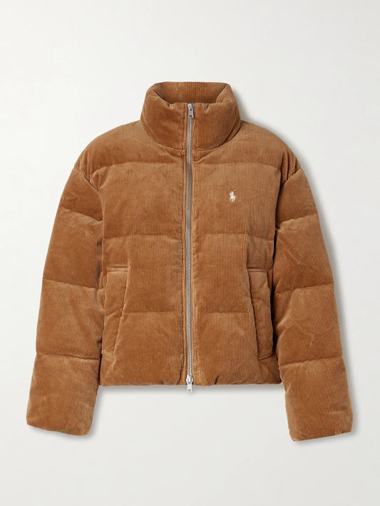 Image of Coats & Jackets. Product name - Embroidered Quilted Cotton-blend Corduroy Down Jacket in Tan colour by brand - Polo Ralph Lauren