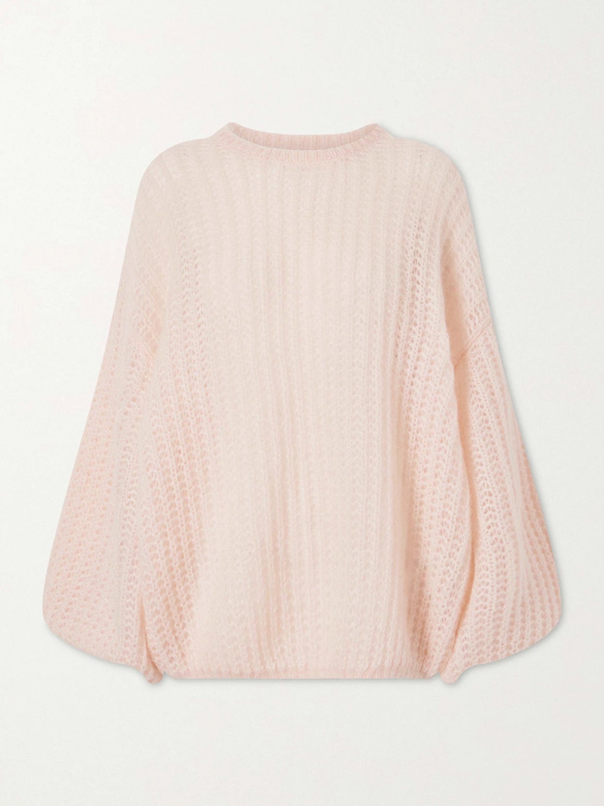 Image of a model wearing Outerwear. Product name - Open-knit Mohair-blend Sweater in Baby pink colour by brand - TOTEME