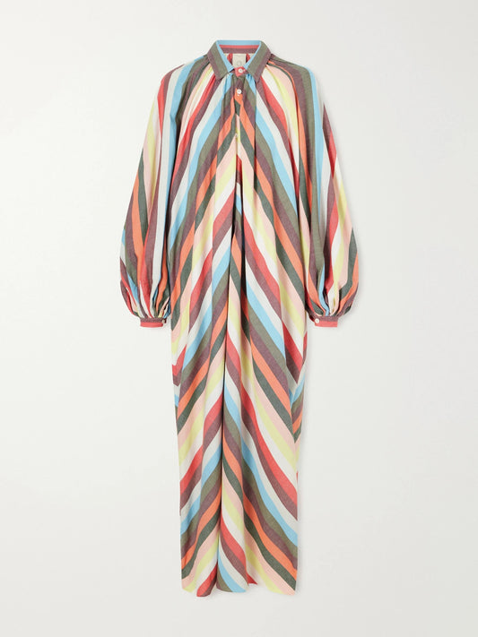 Image of Dresses. Product name - The Balloon Sleeve Touareg Striped Cotton Maxi Dress in Multi colour by brand - Marrakshi Life