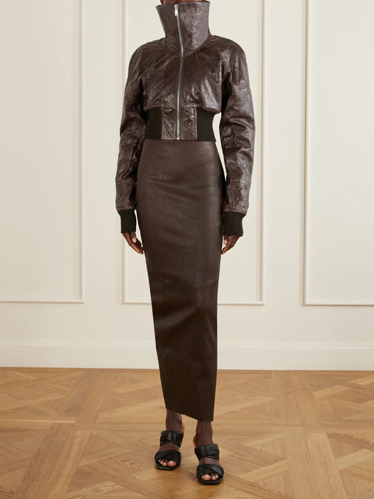 Image of Coats & Jackets. Product name - Dracuflight Textured-leather Jacket in Brown colour by brand - Rick Owens