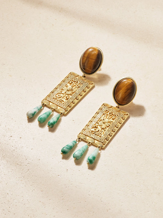 Juju Vera Penelope Gold Vermeil, Tiger's Eye And Jade Earrings