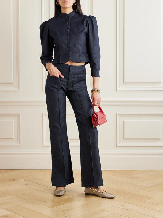 Image of Coats & Jackets. Product name - Amoako Denim Peplum Jacket in Blue colour by brand - DESTREE