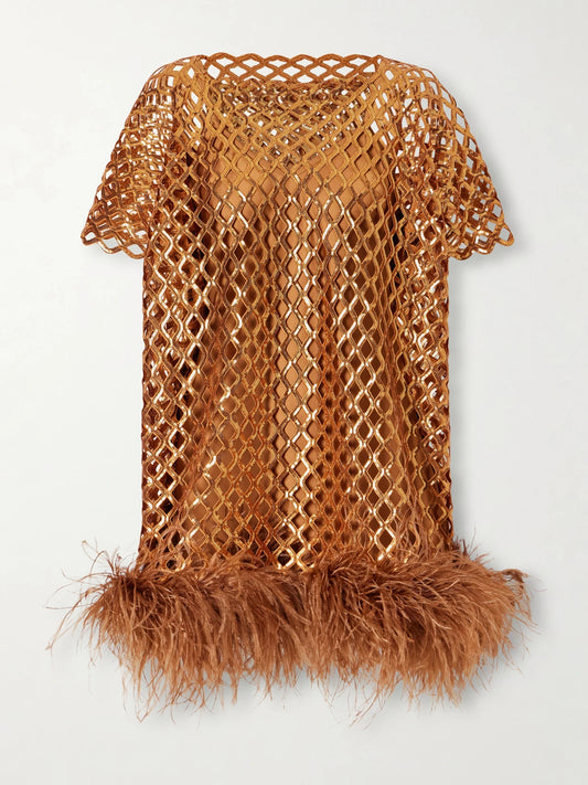 Image of a model wearing Tops. Product name - Feather-trimmed Sequined Blouse in Gold colour by brand - Dima Ayad