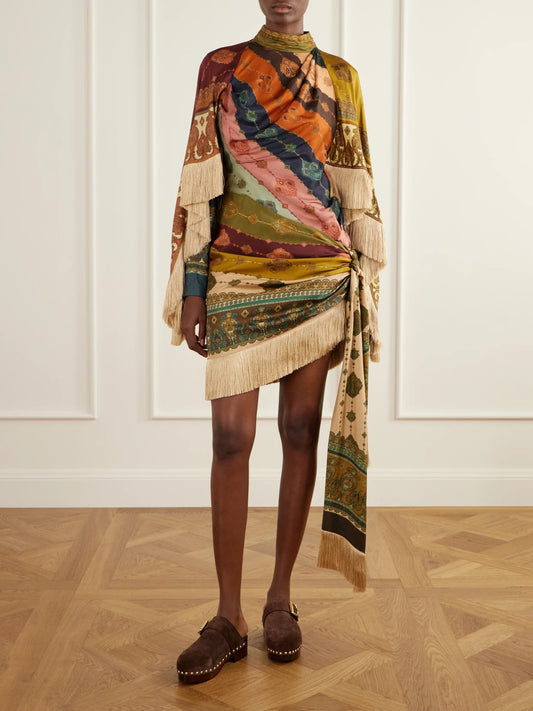 Zimmermann Valiant Cape-effect Tie-detailed Fringed Printed Silk-satin Mini Dress
