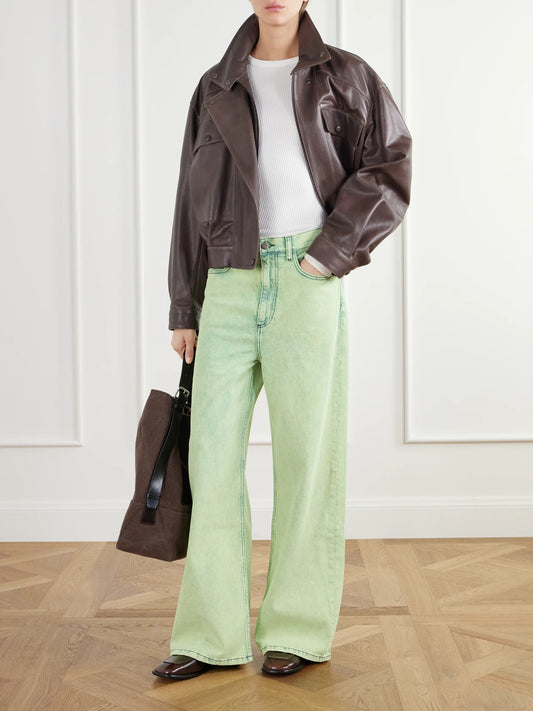 Image of Jeans. Product name - Mid-rise Wide-leg Jeans in Green colour by brand - Sanderlak