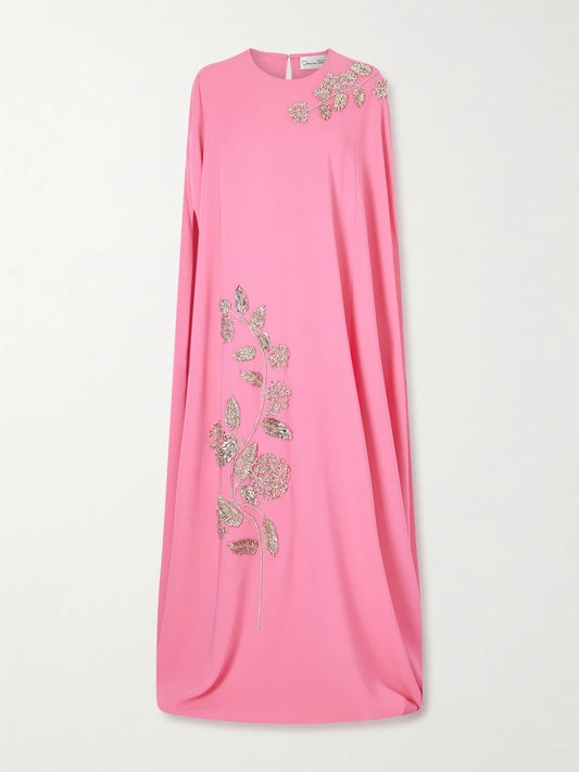 Image of Dresses. Product name - Cape-effect Embellished Silk-blend Gown in Pink colour by brand - Oscar de la Renta