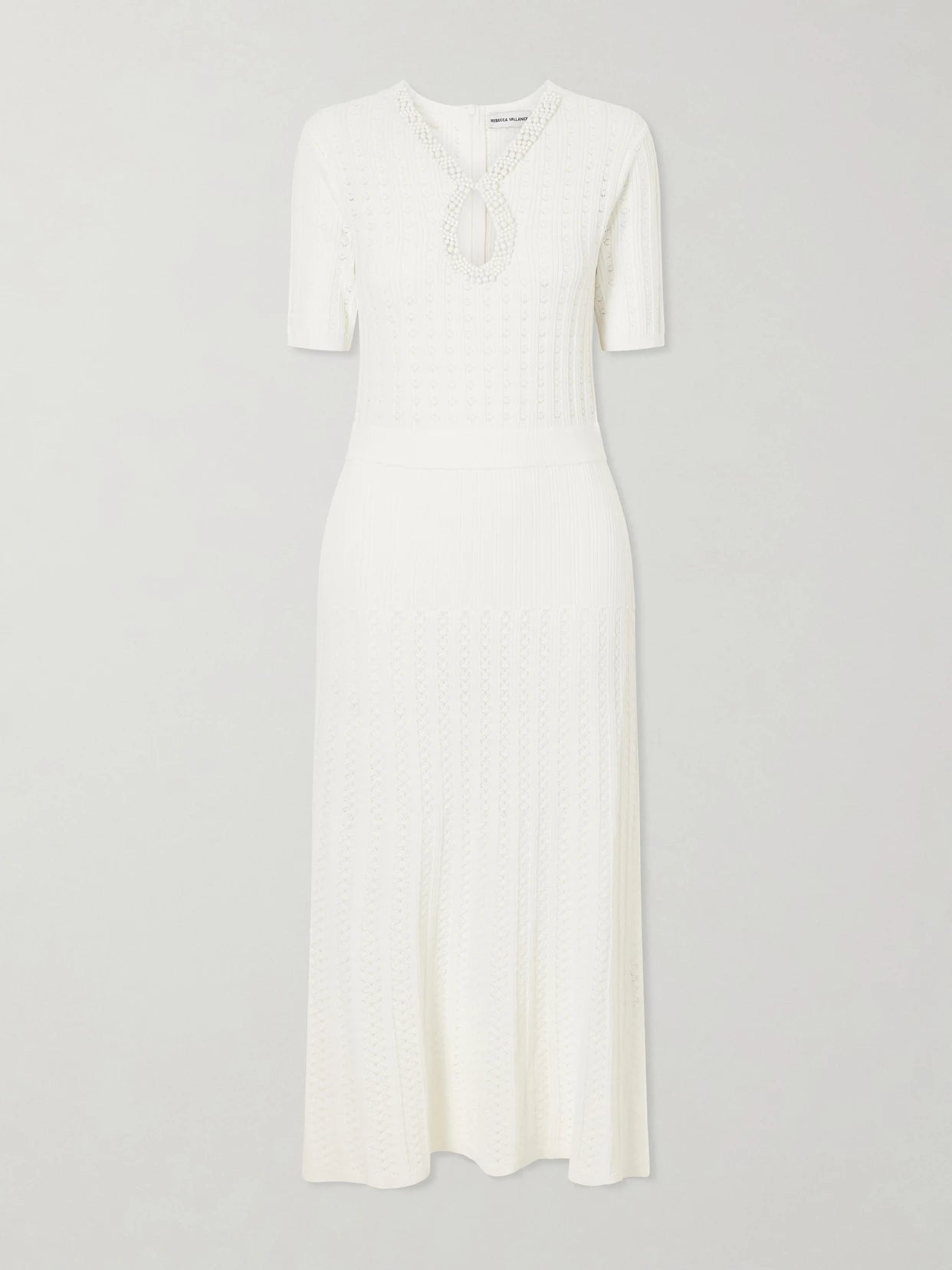 Image of Dresses. Product name - Embellished Crochet-knit Midi Dress in Ivory colour by brand - Rebecca Vallance