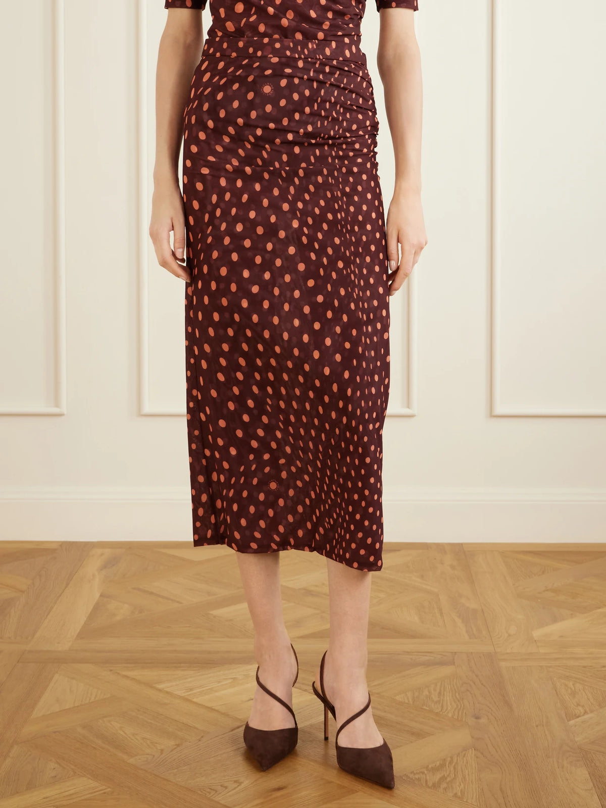 Stella McCartney Gathered Polka-dot Mesh Midi Skirt