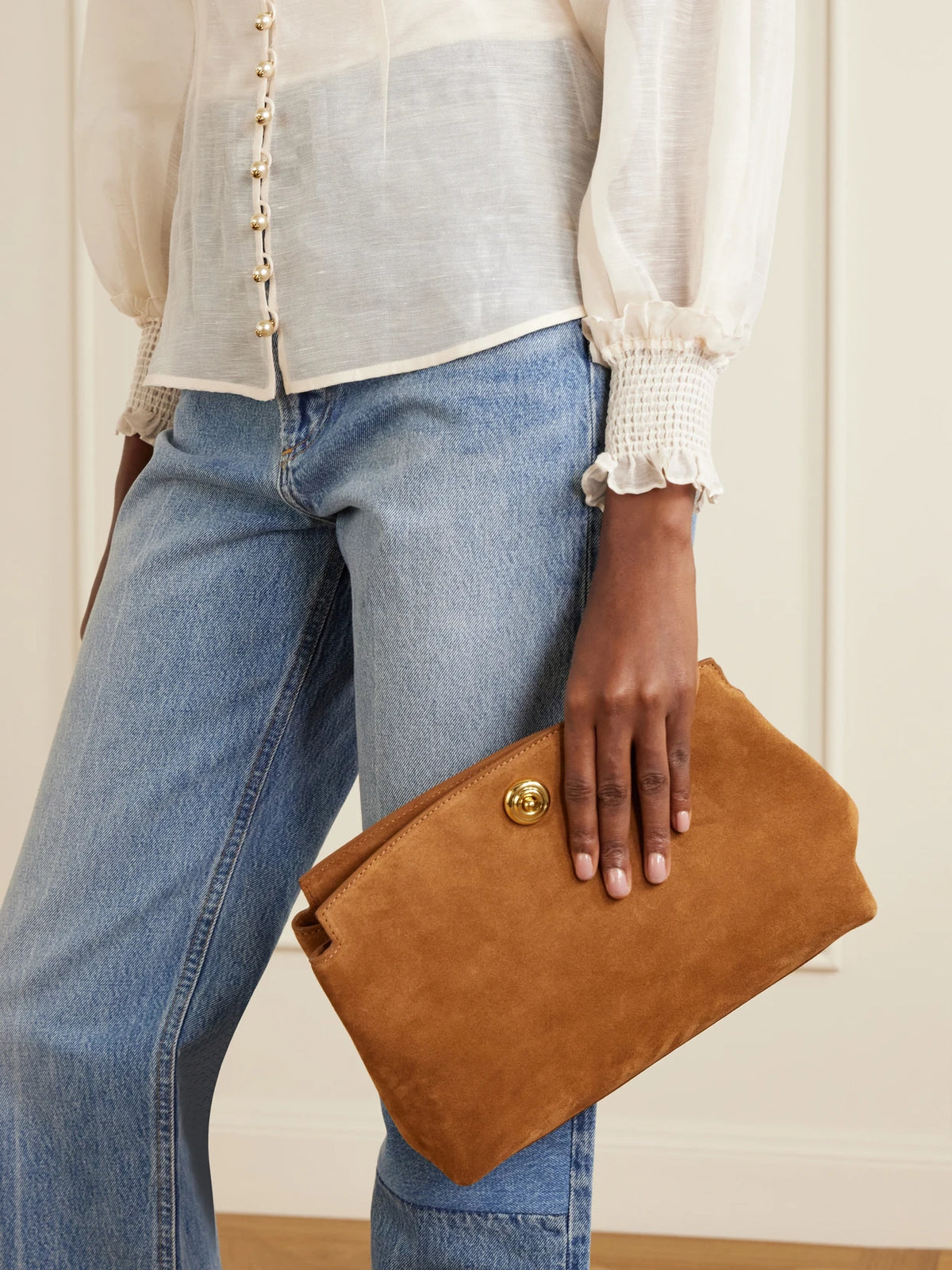 Image of Bags. Product name - Pushlock Suede Pouch in Tan colour by brand - Liffner