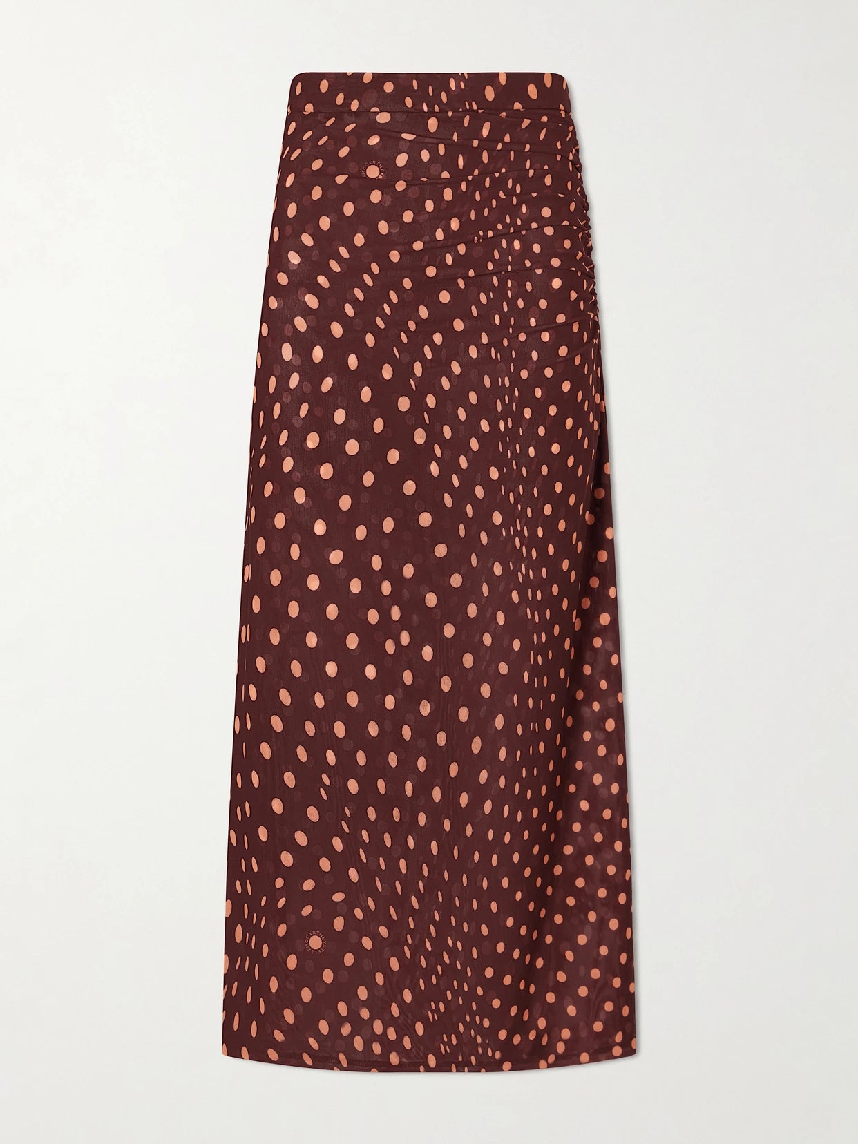 Image of a model wearing Skirts. Product name - Gathered Polka-dot Mesh Midi Skirt in Burgundy colour by brand - Stella McCartney