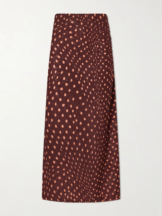 Image of a model wearing Skirts. Product name - Gathered Polka-dot Mesh Midi Skirt in Burgundy colour by brand - Stella McCartney