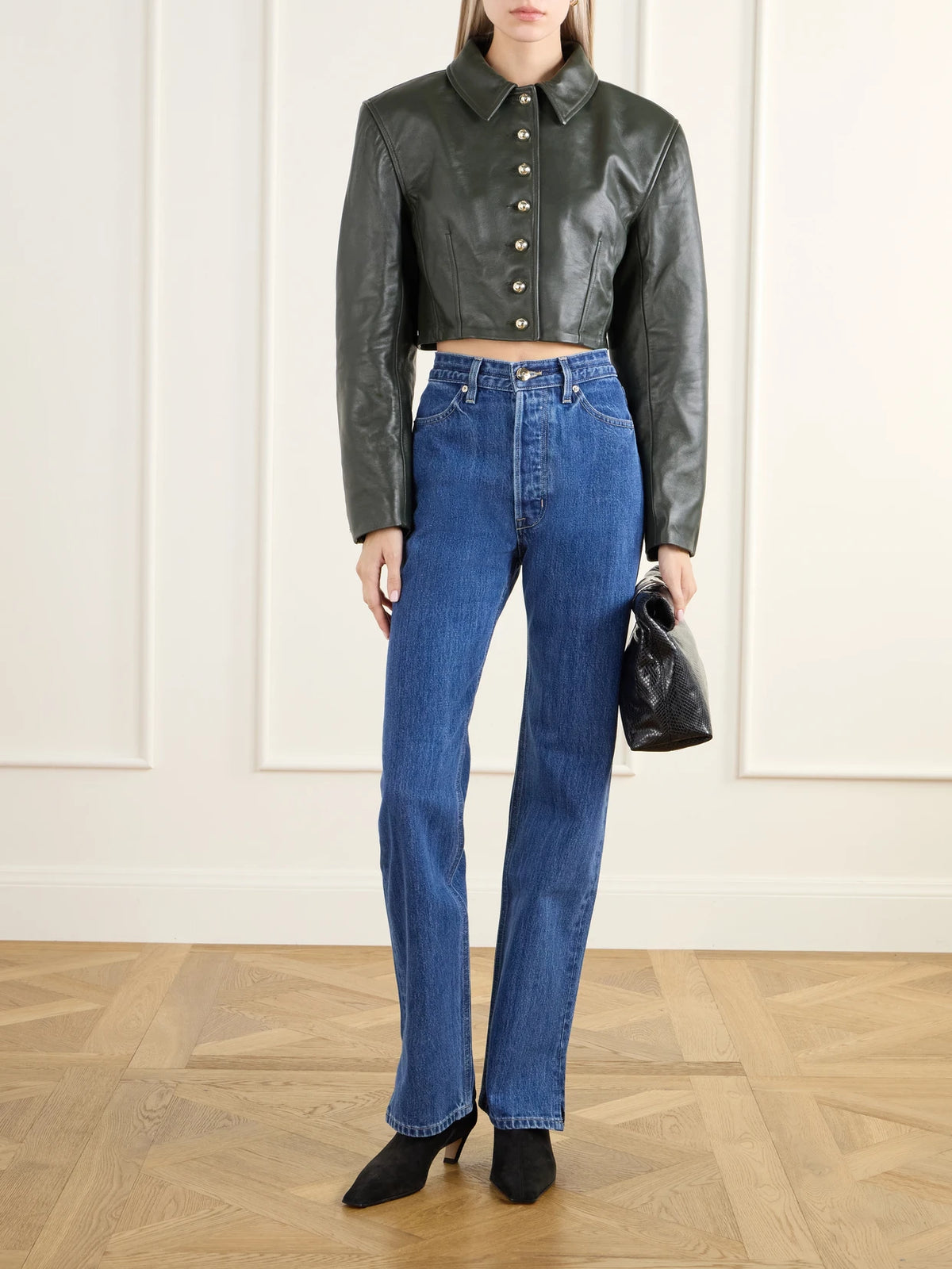 Image of Coats & Jackets. Product name - Arabella Cropped Darted Leather Jacket in Green colour by brand - RÙADH