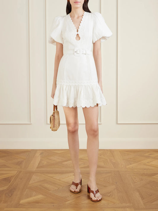 Image of Dresses. Product name - Kahlia Ruffled Scalloped Linen-blend Mini Dress in White colour by brand - Rebecca Vallance