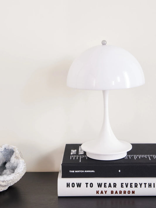 Image of Decor. Product name - Panthella 160 Abs Portable Lamp in White colour by brand - Louis Poulsen